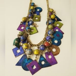 Vintage retro 80's 90's painted metal brass charm necklace geometric bohemian